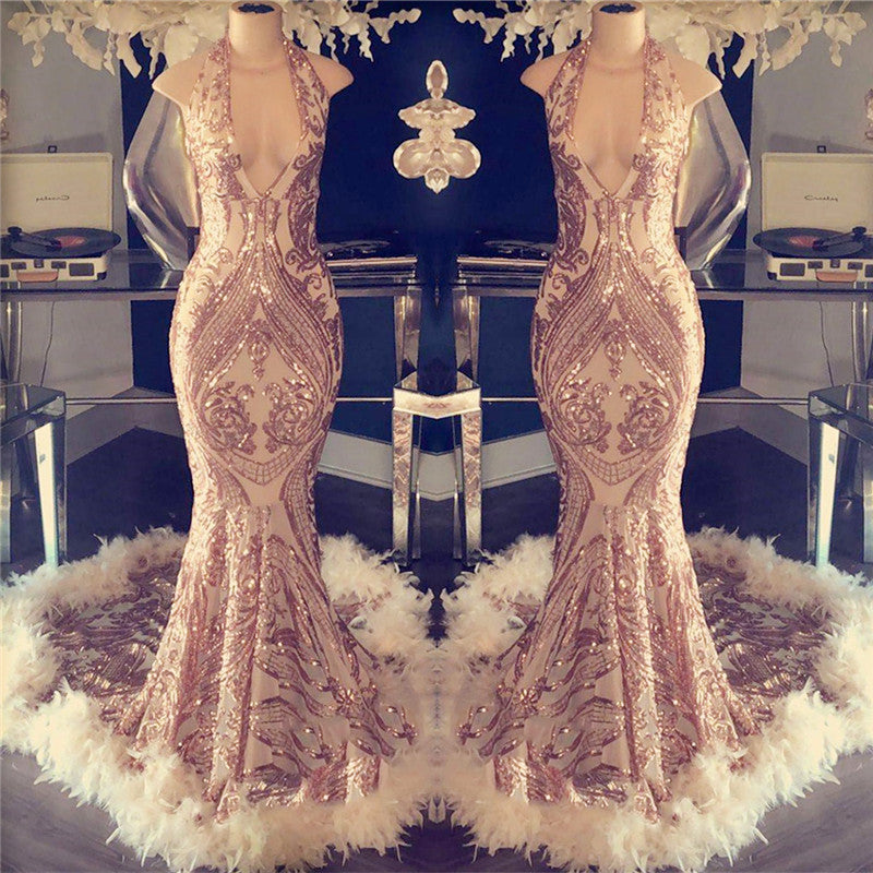 Halter V-neck Sequined Appliques Prom Dress with Feather