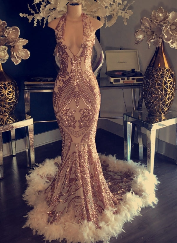 Halter V-neck Sequined Appliques Prom Dress with Feather