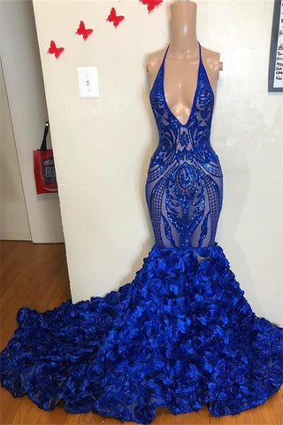 Vestidos de sirena para baile de graduación con escote halter en V, lentejuelas y botones de flores