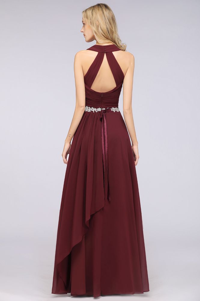 Vestido de dama de honor sin mangas con escote halter en V, volantes, apliques y fajines, estilo swing de noche