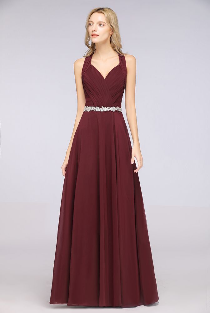 Vestido de dama de honor sin mangas con escote halter en V, volantes, apliques y fajines, estilo swing de noche