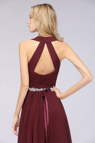 Vestido de dama de honor sin mangas con escote halter en V, volantes, apliques y fajines, estilo swing de noche