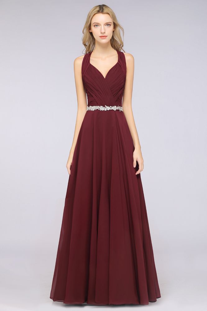 Vestido de dama de honor sin mangas con escote halter en V, volantes, apliques y fajines, estilo swing de noche