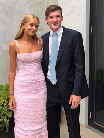 Robe de bal rose sirène à fines bretelles spaghetti, longue sans manches, Henry |