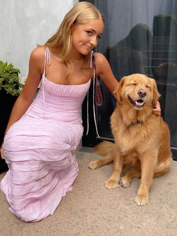 Robe de bal rose sirène à fines bretelles spaghetti, longue sans manches, Henry |