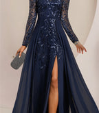 Vestidos de corte princesa/línea A para la madre de la novia, largos hasta el suelo, con abertura lateral, volantes y lentejuelas. 