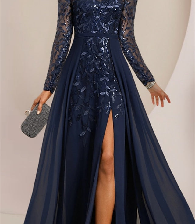 Vestidos de corte princesa/línea A para la madre de la novia, largos hasta el suelo, con abertura lateral, volantes y lentejuelas. 