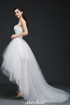 Robe de mariée asymétrique en tulle et dentelle, coupe trapèze, style A-line