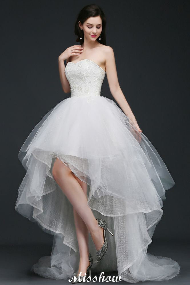 Robe de mariée asymétrique en tulle et dentelle, coupe trapèze, style A-line
