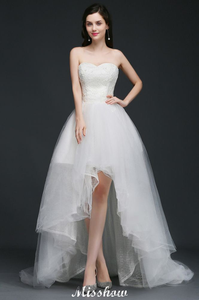 Robe de mariée asymétrique en tulle et dentelle, coupe trapèze, style A-line