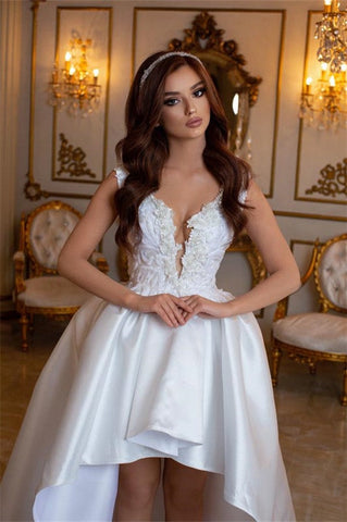 High Low V-neck Satin Lace White Wedding Dress