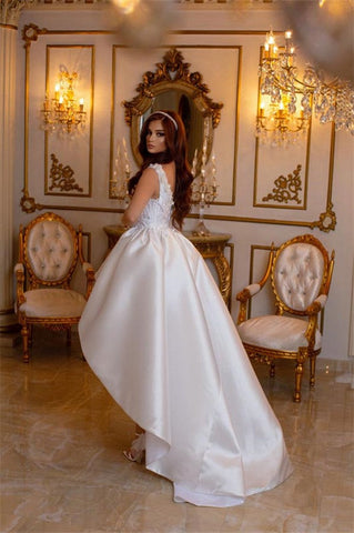 High Low V-neck Satin Lace White Wedding Dress