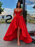 Vestidos de fiesta rojos formales de corte asimétrico, línea A, escote corazón y bolsillos