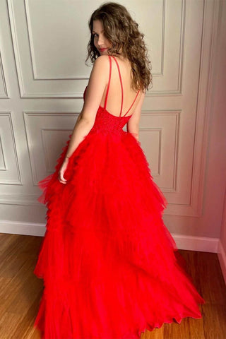 Robe de bal rouge en tulle et dentelle, coupe trapèze asymétrique, col en V, robe de soirée formelle