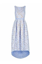 Robe de demoiselle d'honneur bleu ciel clair en dentelle, coupe asymétrique, sans manches, style bateau, référence BD046 