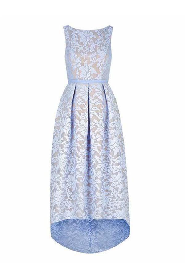 Robe de demoiselle d'honneur bleu ciel clair en dentelle, coupe asymétrique, sans manches, style bateau, référence BD046 