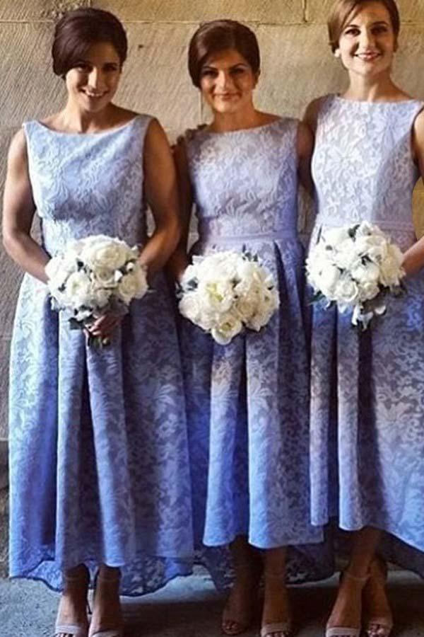 Robe de demoiselle d'honneur bleu ciel clair en dentelle, coupe asymétrique, sans manches, style bateau, référence BD046 