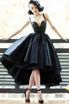 Vestido negro asimétrico estilo vintage para baile de bienvenida, vestido corto de graduación PD387