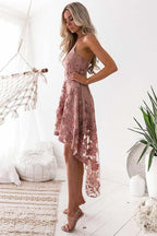 Robe de bal courte asymétrique à fines bretelles en dentelle PD368