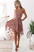 Robe de bal courte asymétrique à fines bretelles en dentelle PD368