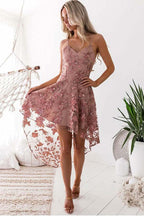 Robe de bal courte asymétrique à fines bretelles en dentelle PD368