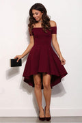 Robe de bal courte bordeaux à épaules dénudées et asymétrique PD132