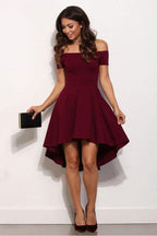 Robe de bal courte bordeaux à épaules dénudées et asymétrique PD132