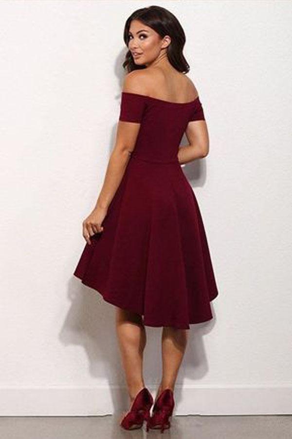 Robe de bal courte bordeaux à épaules dénudées et asymétrique PD132