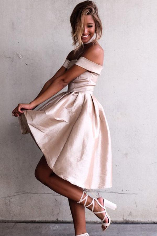 High Low Off-the-Shoulder Pleated Satin Homecoming Dress PG182