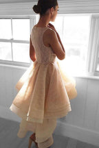Robe de soirée courte en dentelle pêche asymétrique PG142