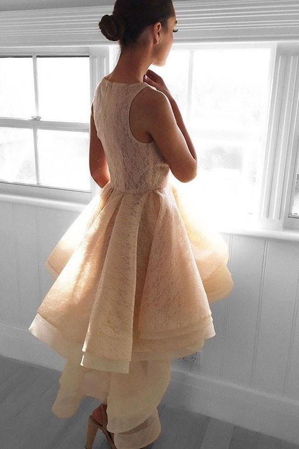 Robe de soirée courte en dentelle pêche asymétrique PG142