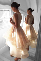 Robe de soirée courte en dentelle pêche asymétrique PG142