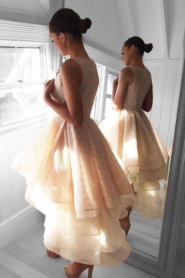 Robe de soirée courte en dentelle pêche asymétrique PG142