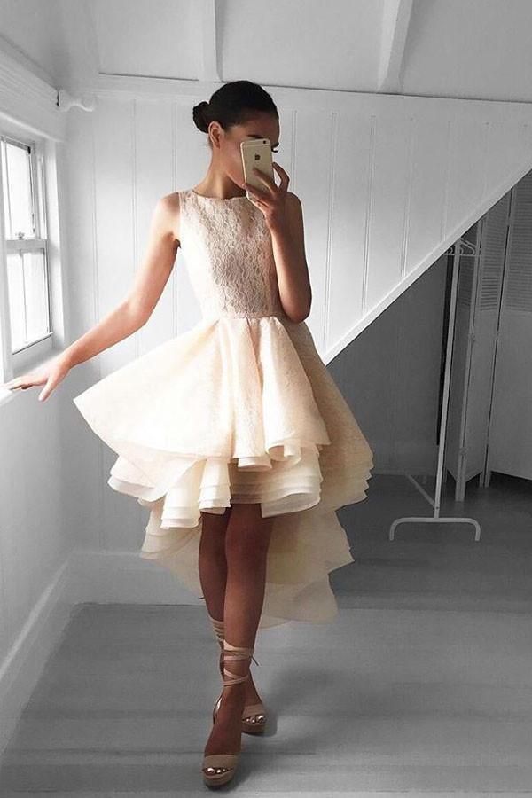 Robe de soirée courte en dentelle pêche asymétrique PG142