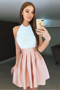 Vestido corto rosa plisado de fiesta con cuello alto, espalda descubierta y corpiño de encaje PD272