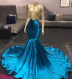 High-Neck Illusion Neckline Sleeveless Long Train Appliques Mermaid Prom Gowns