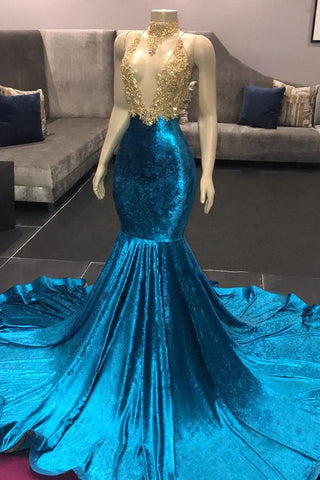 Vestidos de fiesta de sirena con cuello alto, escote ilusión, sin mangas, cola larga y apliques.