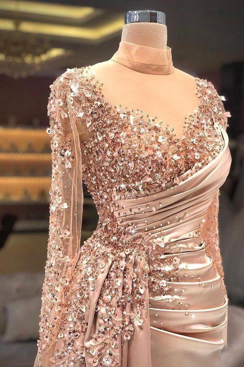 High Neck Mermaid Long Sleeves Lace Sequins Long Long Sleeve With Side Train Prom Dresses