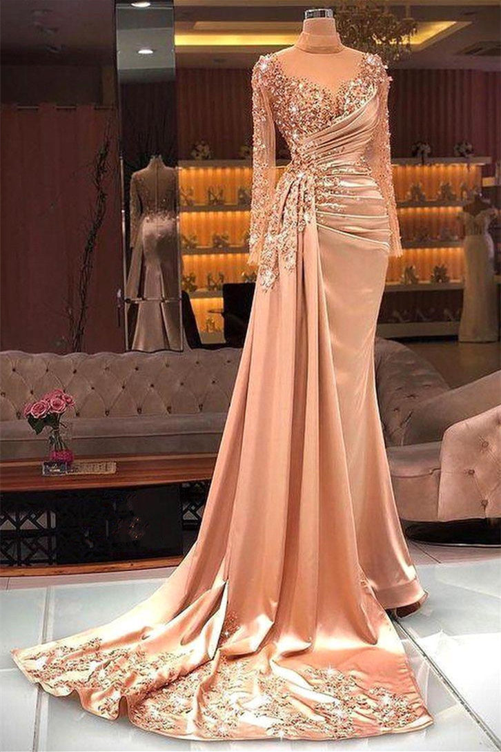 High Neck Mermaid Long Sleeves Lace Sequins Long Long Sleeve With Side Train Prom Dresses