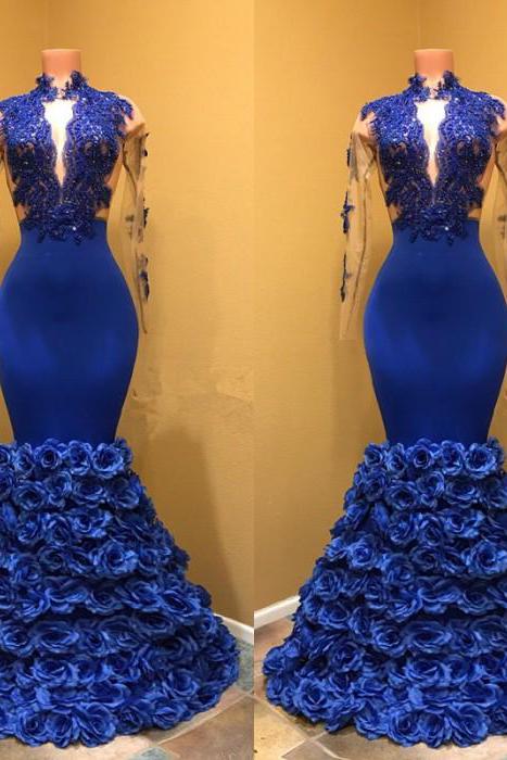 High-Neck Mermaid Prom Dress, Flowers Formal Dresses