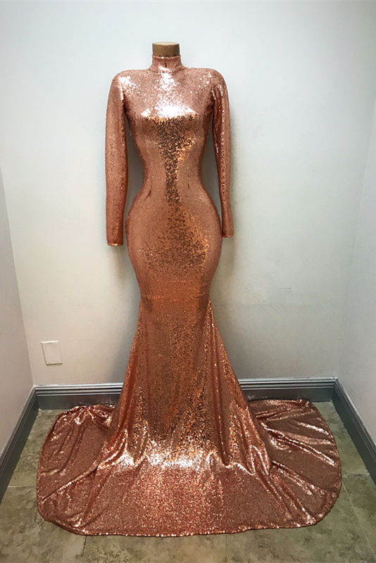 High-Neck Sequins Party Dresses Mermaid Long-Sleeve Evening Gowns