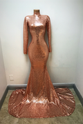 High-Neck Sequins Party Dresses Mermaid Long-Sleeve Evening Gowns