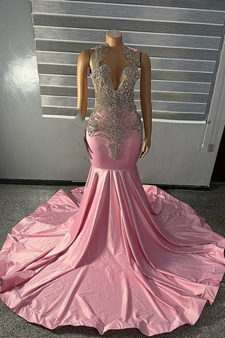Vestidos de fiesta de sirena rosas con cuello alto y cuentas plateadas únicas
