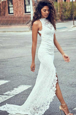 Vestidos de novia de corte sirena con espalda descubierta y escote alto de encaje, con cola de corte WD123