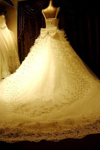 Robe de mariée longue au sol, col en V, ornée de perles et traîne chapelle, de haute qualité WD068