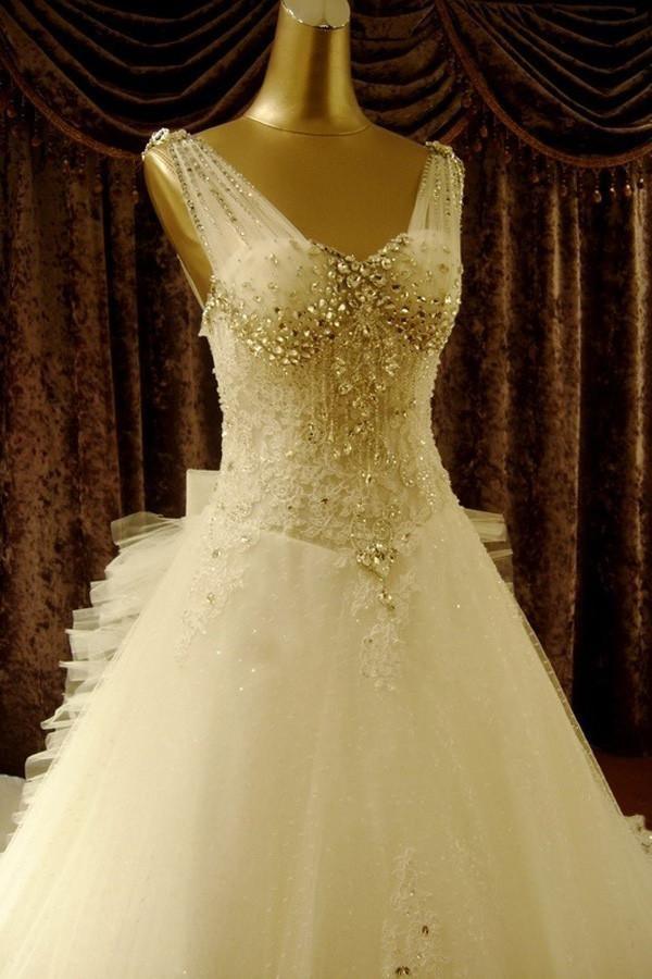 Vestidos de novia de alta calidad, largos hasta el suelo, con escote en V, pedrería y cola de capilla WD068