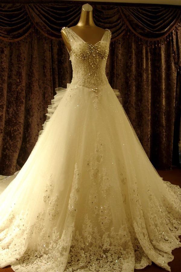 Vestidos de novia de alta calidad, largos hasta el suelo, con escote en V, pedrería y cola de capilla WD068