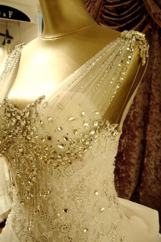 Robe de mariée longue au sol, col en V, ornée de perles et traîne chapelle, de haute qualité WD068