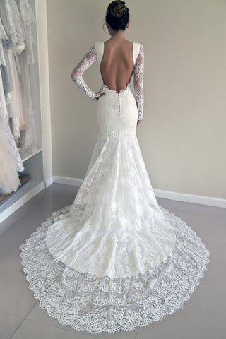Robe de mariée sirène dos nu à col rond de haute qualité et manches longues WD003
