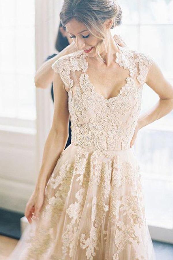 Robe de mariée longue sans manches à col en V de haute qualité avec dentelle WD015
